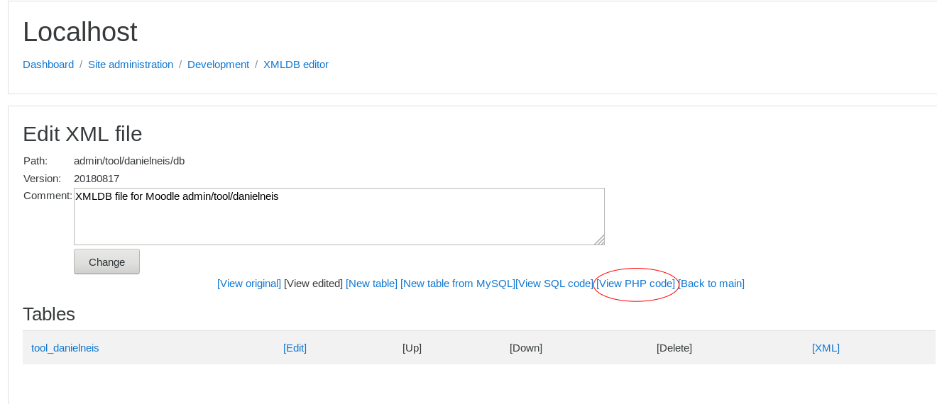 An image showing the XMLDB Editor, highlighting the &#39;View PHP Code&#39; link